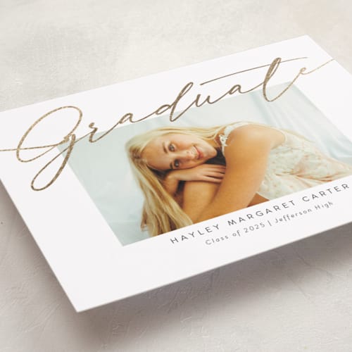 This is a snow graduation announcements with foil pressed by Meggy Masters called graduate flow printing on recycled smooth signature in standard