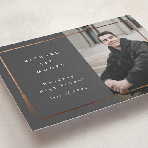 This is a charcoal graduation announcements with foil pressed by AK Graphics called tassel framed printing on recycled smooth signature in standard