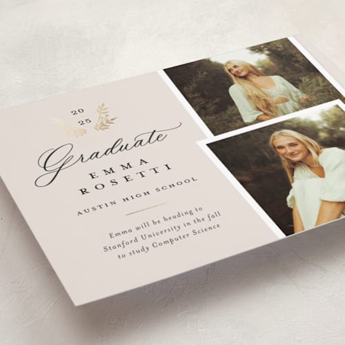 This is a ivory graduation announcements with foil pressed by Sarah Curry called laurel branches printing on recycled smooth signature in standard