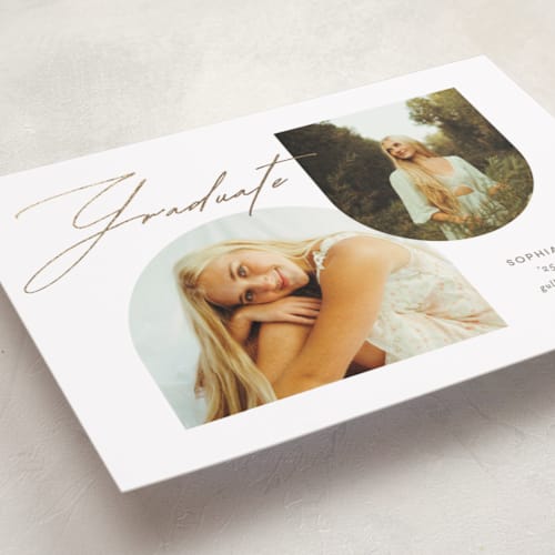 This is a salt graduation announcements with foil pressed by Pixel and Hank called hoop printing on recycled smooth signature in standard