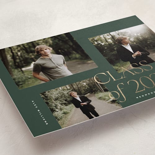 This is a forest graduation announcements with foil pressed by Kelly Schmidt called troi printing on recycled smooth signature in standard