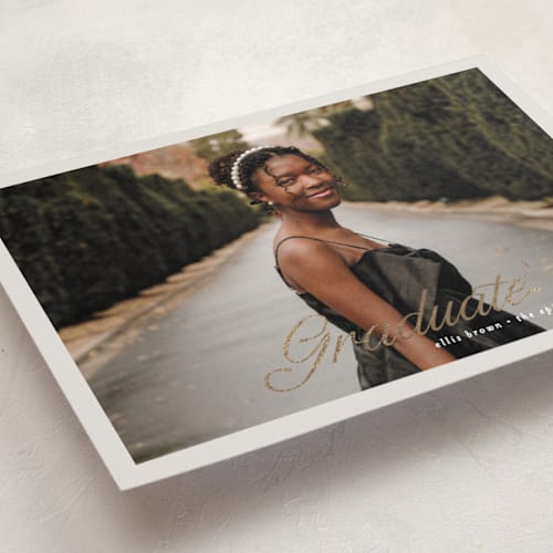 This is a slate graduation announcements with foil pressed by Pati Cascino called graduate printing on recycled smooth signature in standard