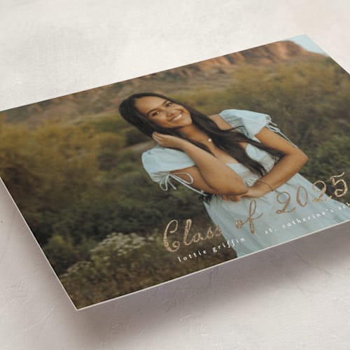This is a pearl graduation announcements with foil pressed by Ashley Iwafuchi called grad greetings printing on recycled smooth signature in standard