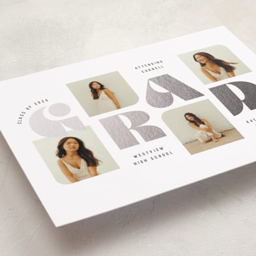 This is a slate graduation announcements with foil pressed by Hooray Creative called retro grad printing on recycled smooth signature in standard