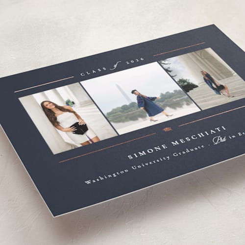 This is a sapphire graduation announcements with foil pressed by Corinne Malesic called class act printing on recycled smooth signature in standard