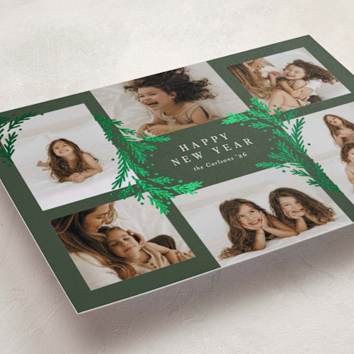 This is a forest foil pressed holiday cards with foil pressed by Michelle Taylor called gilded greenery printing on recycled smooth signature in standard