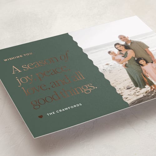 This is a fraser fir foil pressed holiday cards with foil pressed by Saltwater Designs called all good things printing on recycled smooth signature in standard