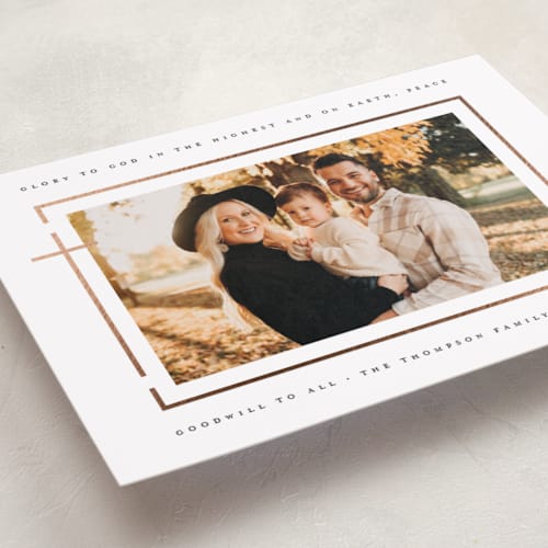 This is a cloud foil pressed holiday cards with foil pressed by Heather Schertzer called on earth, peace printing on recycled smooth signature in standard