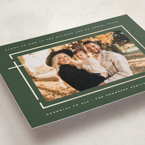 This is a pine foil pressed holiday cards with foil pressed by Heather Schertzer called on earth, peace printing on recycled smooth signature in standard