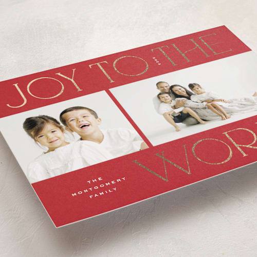 This is a santa suit foil pressed holiday cards with foil pressed by Wildfield Paper Co called joy! to the world printing on recycled smooth signature in standard