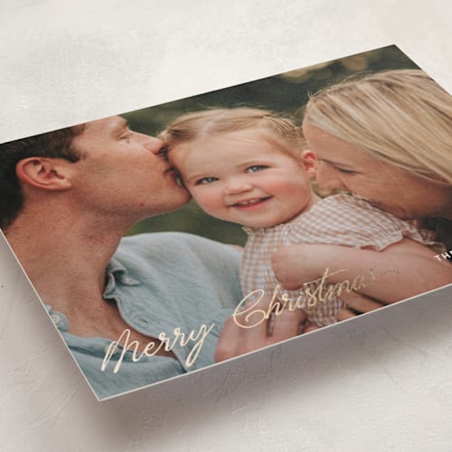 This is a gilt foil pressed holiday cards with foil pressed by Pixel and Hank called the christmas letters printing on recycled smooth signature in standard