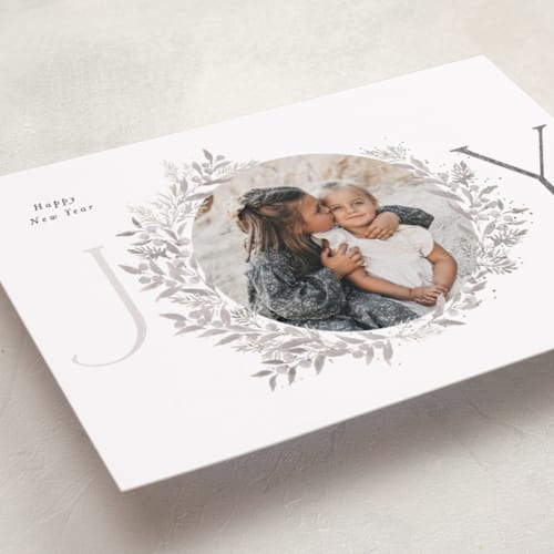 This is a silverbells foil pressed holiday cards with foil pressed by Itsy Belle Studio called joy wreath printing on recycled smooth signature in standard