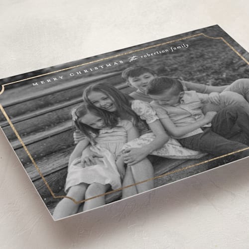 This is a snow foil pressed holiday cards with foil pressed by Ellen Schlegelmilch called sweetly framed printing on recycled smooth signature in standard