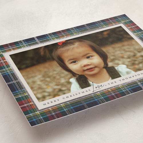 This is a flannel foil pressed holiday cards with foil pressed by Wildfield Paper Co called tartan printing on recycled smooth signature in standard