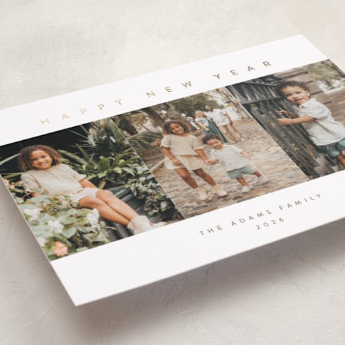 This is a snowfall foil pressed holiday cards with foil pressed by Pippa Shaw called trilogy printing on recycled smooth signature in standard