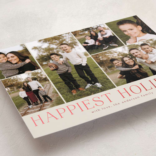 This is a cranberry foil pressed holiday cards with foil pressed by Kimberly Morgan called holiday photo grid printing on recycled smooth signature in standard