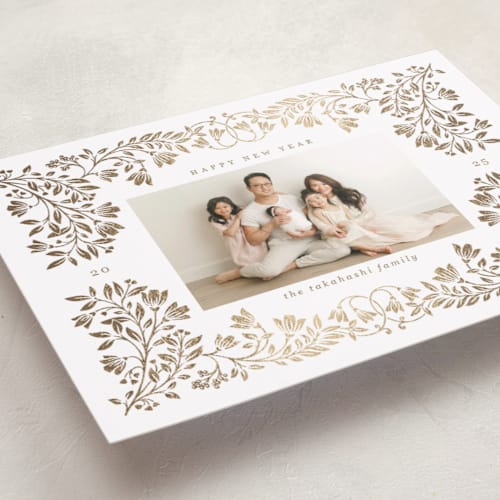 This is a snow foil pressed holiday cards with foil pressed by Anna Black called leafy frame printing on recycled smooth signature in standard