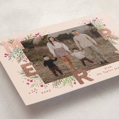 This is a blush foil pressed holiday cards with foil pressed by Alethea and Ruth called merry letters printing on recycled smooth signature in standard