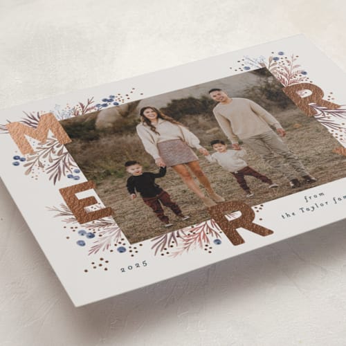 This is a mist foil pressed holiday cards with foil pressed by Alethea and Ruth called merry letters printing on recycled smooth signature in standard