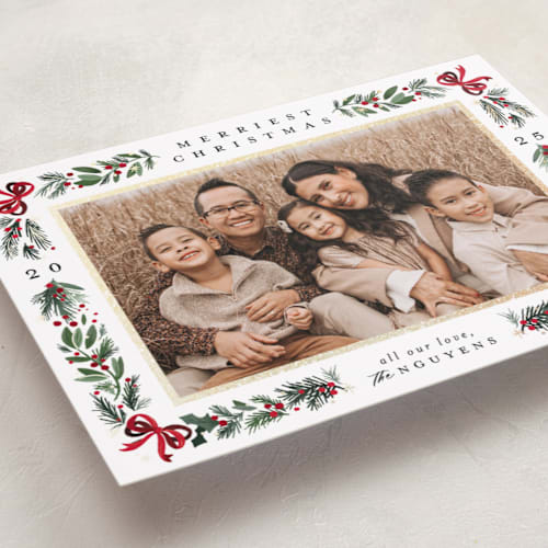 This is a winter foil pressed holiday cards with foil pressed by Makewells called sparkly bows printing on recycled smooth signature in standard