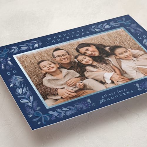 This is a ocean foil pressed holiday cards with foil pressed by Makewells called sparkly bows printing on recycled smooth signature in standard