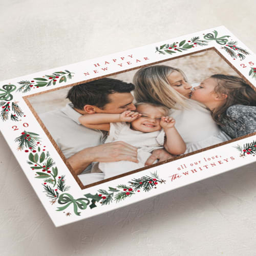 This is a forest foil pressed holiday cards with foil pressed by Makewells called sparkly bows printing on recycled smooth signature in standard
