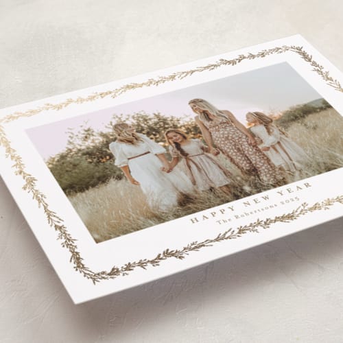 This is a earth foil pressed holiday cards with foil pressed by Susan Moyal called gilded vine printing on recycled smooth signature in standard