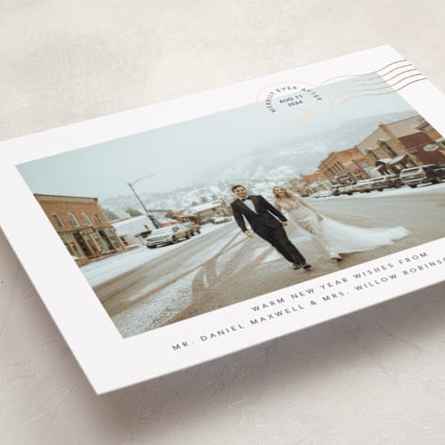 This is a northern snow foil pressed holiday cards with foil pressed by Kate Ross called postcard printing on recycled smooth signature in standard