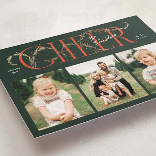 This is a pine foil pressed holiday cards with foil pressed by Paper Raven Co. called shimmering printing on recycled smooth signature in standard
