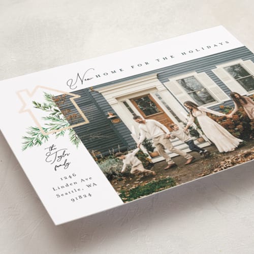 This is a pine foil pressed holiday cards with foil pressed by Alethea and Ruth called new home for the holidays printing on recycled smooth signature in standard