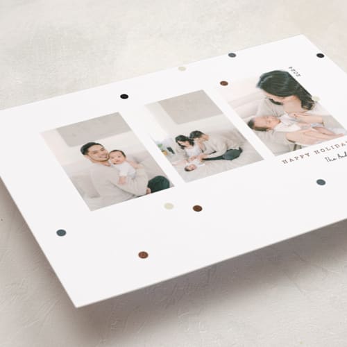 This is a winter mint foil pressed holiday cards with foil pressed by Peony Rose Design called dotty christmas printing on recycled smooth signature in standard