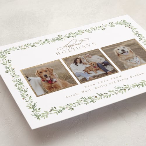 This is a snow foil pressed holiday cards with foil pressed by Everett Paper Goods called laurel garland printing on recycled smooth signature in standard