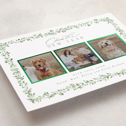 This is a frozen lake foil pressed holiday cards with foil pressed by Everett Paper Goods called laurel garland printing on recycled smooth signature in standard