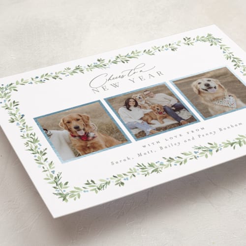 This is a frozen lake foil pressed holiday cards with foil pressed by Everett Paper Goods called laurel garland printing on recycled smooth signature in standard