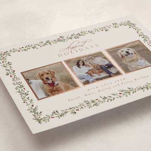 This is a mulled wine foil pressed holiday cards with foil pressed by Everett Paper Goods called laurel garland printing on recycled smooth signature in standard