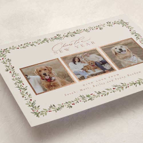 This is a mulled wine foil pressed holiday cards with foil pressed by Everett Paper Goods called laurel garland printing on recycled smooth signature in standard