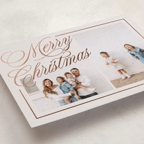 This is a eggnog foil pressed holiday cards with foil pressed by Brianne Larsen called elegantly lined printing on recycled smooth signature in standard