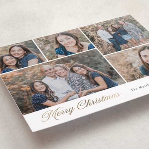 This is a snow foil pressed holiday cards with foil pressed by Rebecca Durflinger called merriment printing on recycled smooth signature in standard