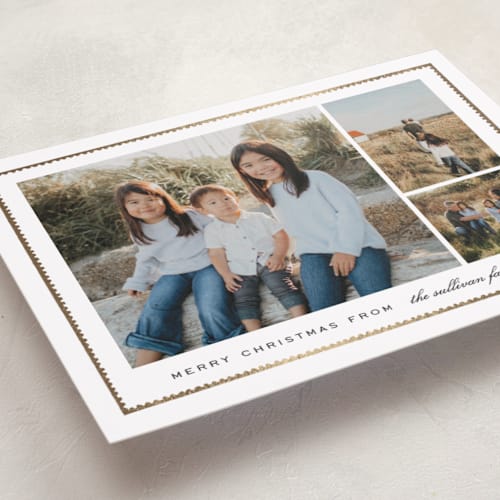 This is a snow foil pressed holiday cards with foil pressed by Amy Kross called sealed printing on recycled smooth signature in standard