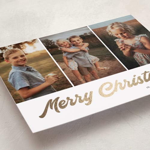 This is a snow foil pressed holiday cards with foil pressed by Alicia Schultz called brilliant shine printing on recycled smooth signature in standard