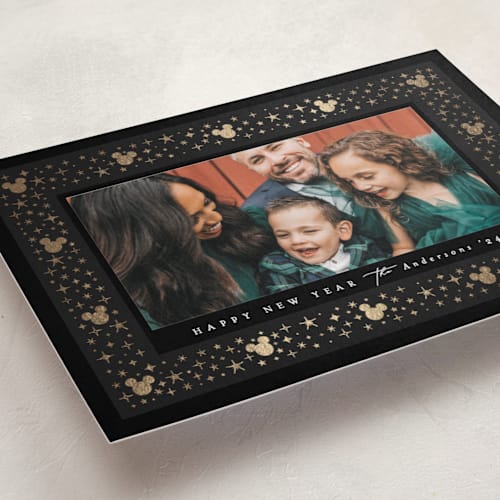 This is a ink foil pressed holiday cards with foil pressed by Ana Sharpe called disney mickey magical frame printing on recycled smooth signature in standard