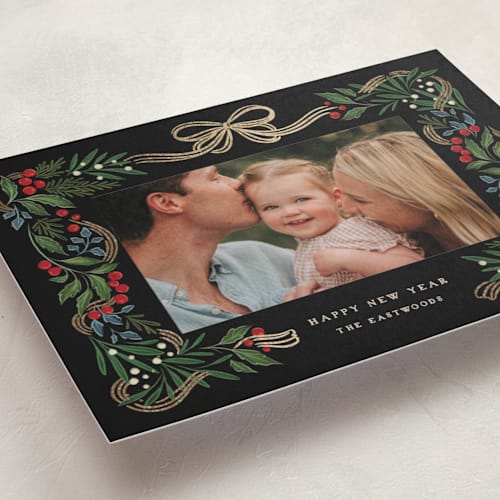This is a orchard foil pressed holiday cards with foil pressed by Grae called sparkly holiday ribbon printing on recycled smooth signature in standard