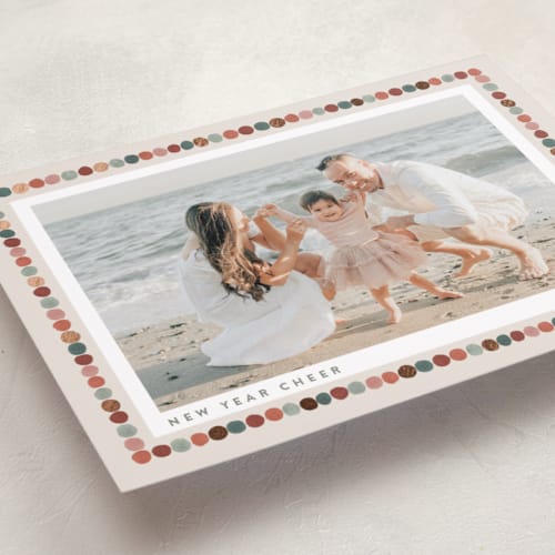 This is a apple cider foil pressed holiday cards with foil pressed by Joanna Griffin called pom pom garland printing on recycled smooth signature in standard