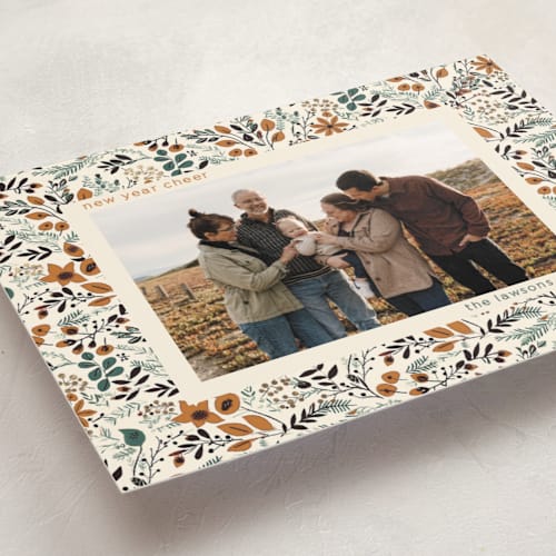 This is a caramel foil pressed holiday cards with foil pressed by Tatjana Koraksic called winter flora pattern printing on recycled smooth signature in standard