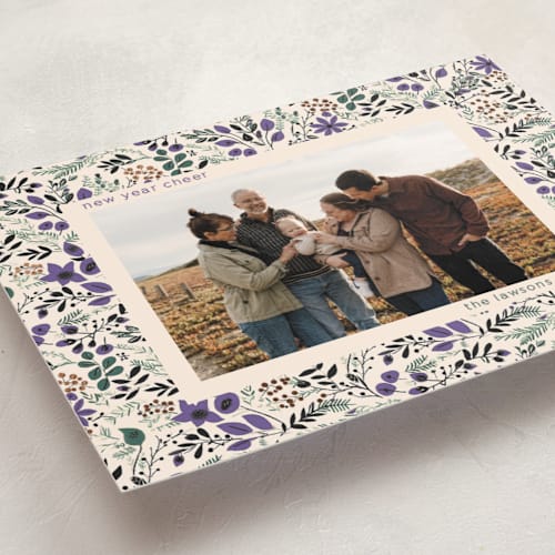 This is a plum foil pressed holiday cards with foil pressed by Tatjana Koraksic called winter flora pattern printing on recycled smooth signature in standard