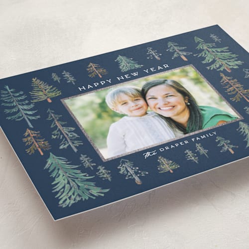 This is a juniper foil pressed holiday cards with foil pressed by Amy Kross called the woods printing on recycled smooth signature in standard