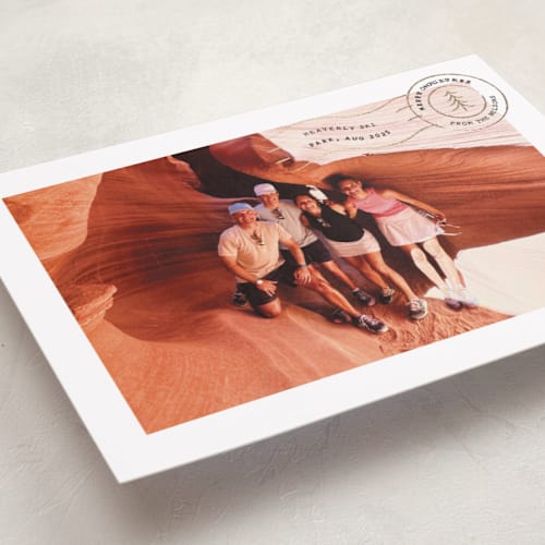 This is a charcoal foil pressed holiday cards with foil pressed by Amy Payne called vacation postcard printing on recycled smooth signature in standard