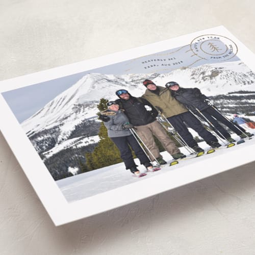 This is a charcoal foil pressed holiday cards with foil pressed by Amy Payne called vacation postcard printing on recycled smooth signature in standard
