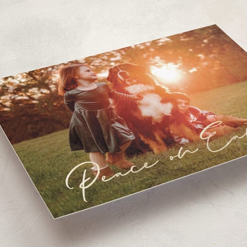 This is a coal foil pressed holiday cards with foil pressed by Ashley Iwafuchi called peaceful greeting printing on recycled smooth signature in standard