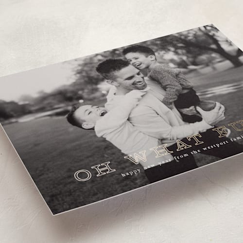 This is a snow foil pressed holiday cards with foil pressed by Up Up Creative called exclaim printing on recycled smooth signature in standard